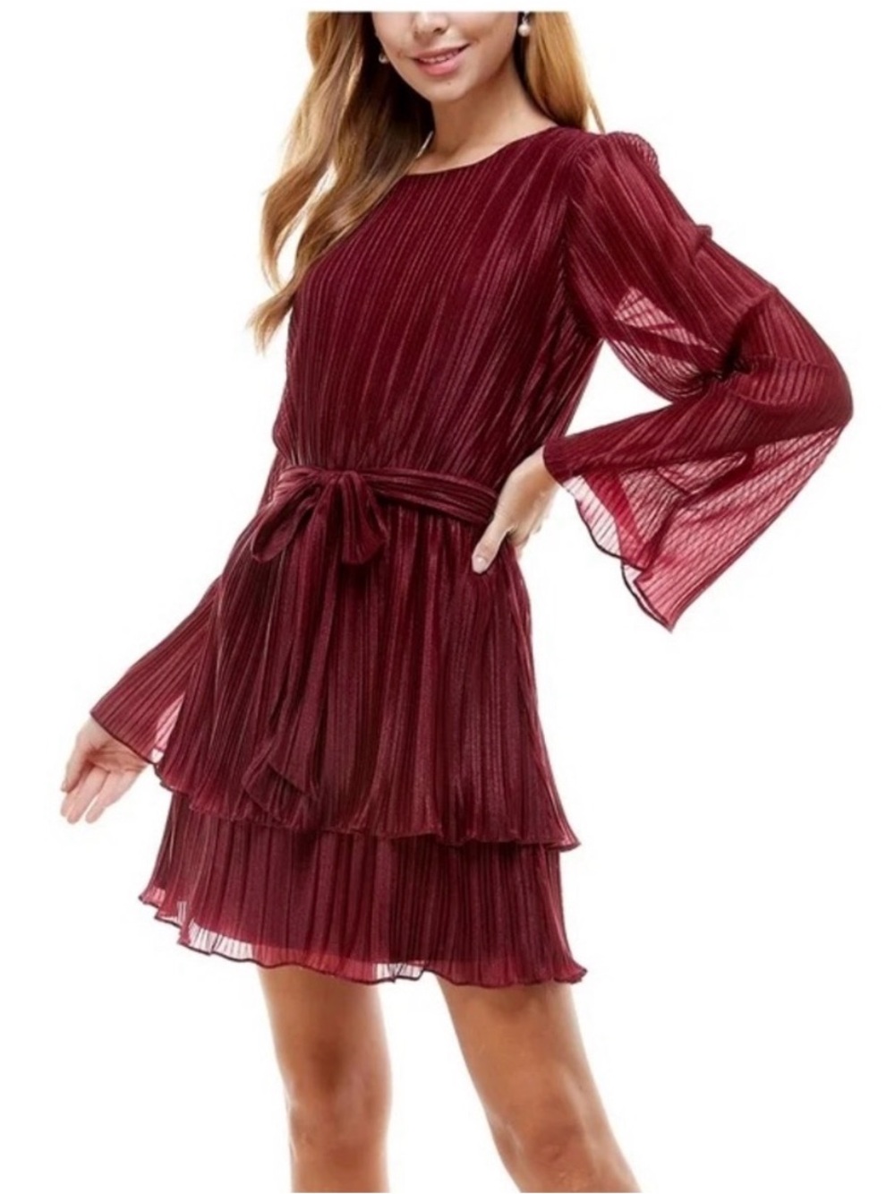 City Studio Deep Burgundy Long-Sleeve Pleated Tie-Waist Dress